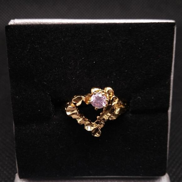 Vintage Hammered Heart Ring Pink Faceted CZ Stone Gold Nugget Rare Art Nouveau - Picture 3 of 15